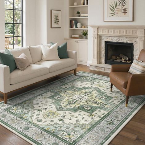 Tapis Salon Vintage 160x230cm Lavable en Machine Rug Grand AntidéRapant Poil Ras, pour Chambre Salle a Manger Descente de Lit Bureau, Cuisine, Vert Sauge Délavé (1/5)