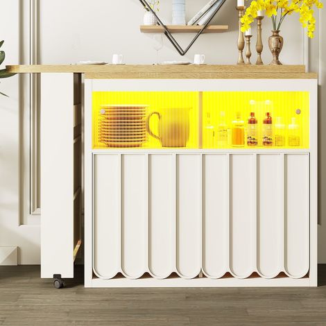 Table bar extensible 135-205x39x100 cm avec led, rangements intégrés et portes blanches rainurées (1/5)
