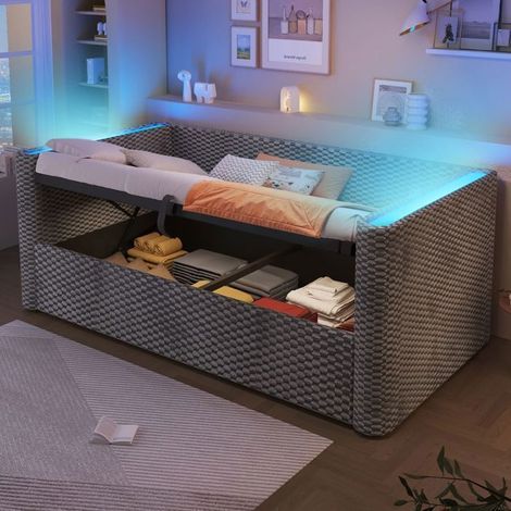 Lit gigogne avec tiroirs 90x200cm en Velours Gris avec LED - Lit Rangement - Coffre Hydraulique,Canapé-Lit,Sans Matelas (1/5)