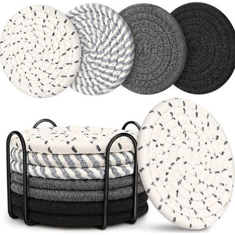 Ensemble de 8 sous-verres - Avec support - Noir - Sous-verres absorbants - Design simple - Sous-verres en coton tissé - Diamètre 11 cm - Noir (1/5)