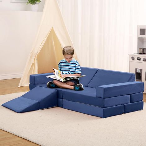 Canapé de Jeu Enfant Modulable 12 Pièces en Mousse, Fauteuil Convertible avec Blocs Construction, Cabane, Tunnel et Coin Lecture, Housse Velours Lavable Bleu Foncé (1/5)