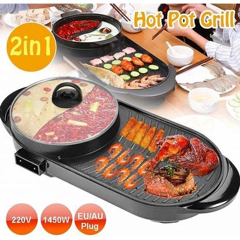 Barbecue électrique 2 en 1 avec plaque de cuisson antiadhésive Teppanyaki et fondue chinoise. (1/5)