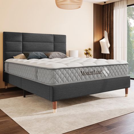 Lit capitonné, lit double avec sommier à lattes, cadre de lit capitonné 140x200cm avec tête de lit, en lin gris foncé, pour adultes et adolescents (avec matelas) (1/5)