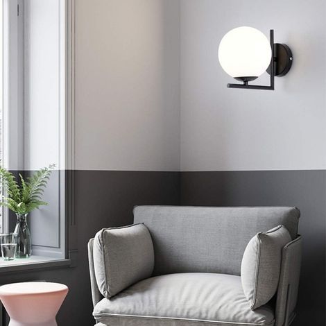 Applique a LED, applique a sfera in vetro, attacco E27, moderna applique da interni con paralume in vetro, ideale per bagno, camera da letto, scale, corridoio, ufficio, colore nero (lampadine non incl