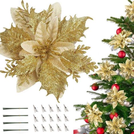 20-piece Christmas decorations, artificial Christmas flowers with clips, Christmas tree decorations, glittery artificial flowers