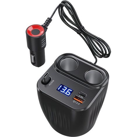 Station chargeur gobelet voiture 60W adaptée 99% véhicules, câble Type-C rétractable, contrôle tension 2 ports supplémentaires (1/5)
