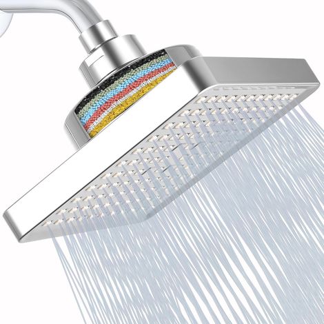 Pommeau de Douche Avec Filtre Haute Pression Effet Pluie, 15 cm, Avec Cartouche Filtrante à 15 Niveaux Pour éliminer le Chlore et les Substances Nocives (Chrome) (1/5)