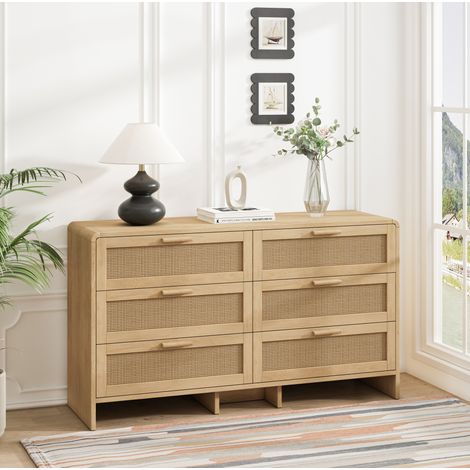 Commode de rangement 130 cm naturel en panneaux de particules avec 6 tiroirs en rotin et coins arrondis (1/5)