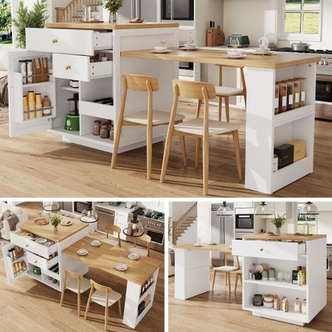 Mobile isola cucina multifunzionale con piano allungabile, 122,5–195,5 cm, bianco/nero, portata fino a 60 kg. (1/5)