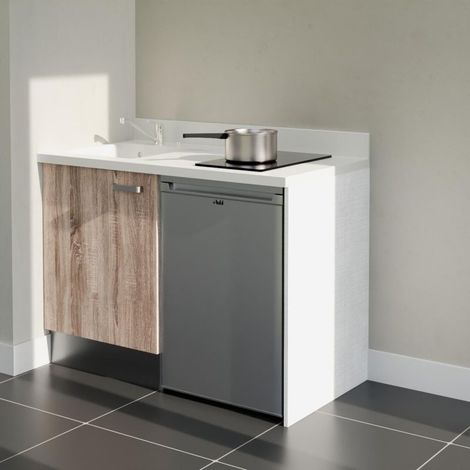 Kitchenette K08L - 120 cm - plan monobloc évier intégré Snova- évier à gauche - Façades Bois + Electroménager inclus coloris Inox (1/5)
