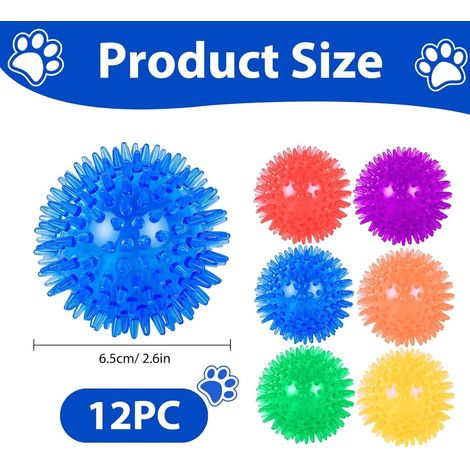 Lot de 12 jouets pour chiens : balle hérisson, balle à lancer, balle couineuse, balle à picots, soin dentaire, diamètre 6,5 cm. (1/5)