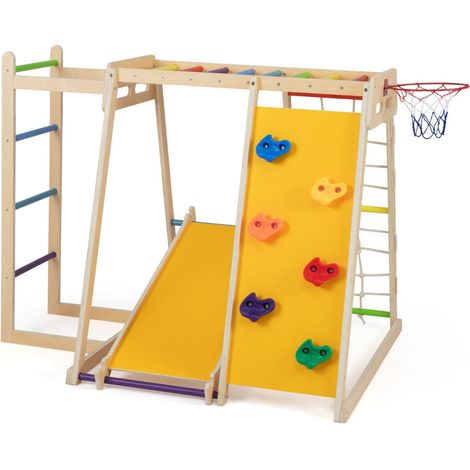 Aire de jeux intérieure 6 en 1 171 x 109 x 110,5 cm avec toboggan réversible et sécurité renforcée en contreplaqué arc-en-ciel