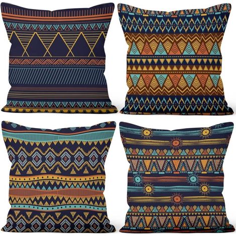 Fodere per cuscini in stile Boho Retro – Set di 4 fodere morbide e corte in peluche da 40x40 cm con motivo geometrico per divano, poltrona e arredamento casa