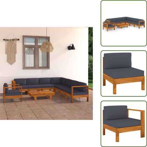 The Living Store Set Divani Giardino 9 Posti Cuscini Grigi Scuro Massello Acacia - Divano in legno
