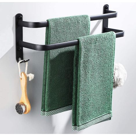 Badezimmer-Handtuchhalter, ohne Bohren, schwarze, selbstklebende, wandmontierte Handtuchstangen für Dusche und Küche, wasserdichte Türstangen mit 2 Haken, Doppelstangen – 40 cm (1/5)