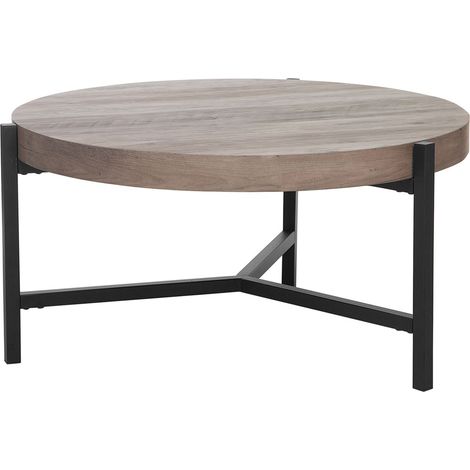 Mesa de centro con tablero de madera gris pardo patas de metal negro 70 cm redonda moderna para salón industrial Bonita (1/5)