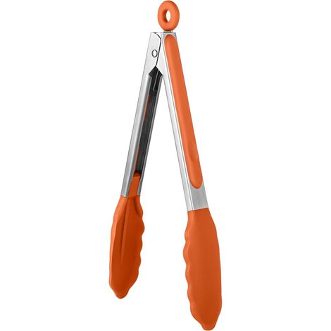 23 cm 315 ℃ Pince de cuisine en silicone résistant à la chaleur avec embouts en caoutchouc antiadhésif hermétiquement scellés et poignée en acier revêtue de silicone pour servir (Orange)