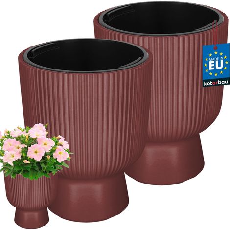 KOTARBAU® Lot de 2 Pot de Fleur - Pot Plastique Plante Ø 23 cm - avec Bac Intérieur - Pot de Jardin - Pot de Fleur Exterieur - H : 30 cm - PVC - Marsala - Nervuré (1/4)