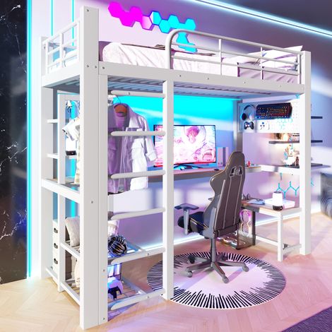 Bett Hochbett 90x200 cm modern aus Metall Weiß mit Schreibtisch, LED, Treppe mit Stauraum und Kleiderstange (1/5)