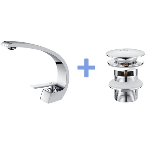 Auralum Arc Mitigeur Lavabo en Laiton Monotrou avec Mousseur Démontable+Bonde de Lavabo Bonde Pop-up avec Trop-plein Automatique Universelle (1/5)