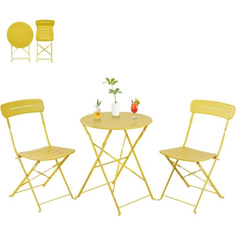 Bistro Set 2 Stühle Balkonmöbel Wetterfest Gelb mit Nut (1/5)