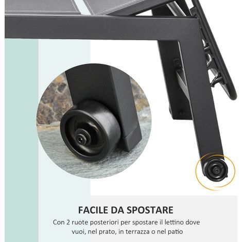 Transat de jardin réglable en aluminium gris et noir, chaise longue confortable pour terrasse et piscine, lit de bronzage extérieur