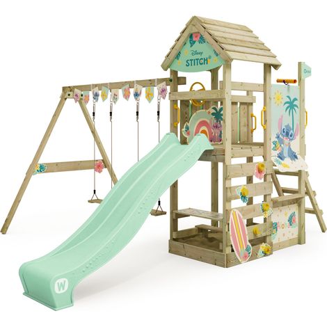 Wickey Spielturm Klettergerüst Disney Adventure mit Schaukel & Rutsche, Kletterturm mit Holzdach, Sandkasten, Leiter & Spiel-Zubehör - Stitch