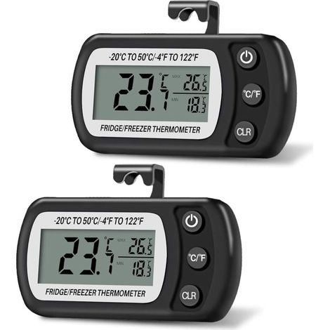 termómetros digitales de -20 °C a 50 °C, con gancho, pantalla LCD de fácil lectura y función de registro de temperatura máxima y mínima (negro). (1/5)