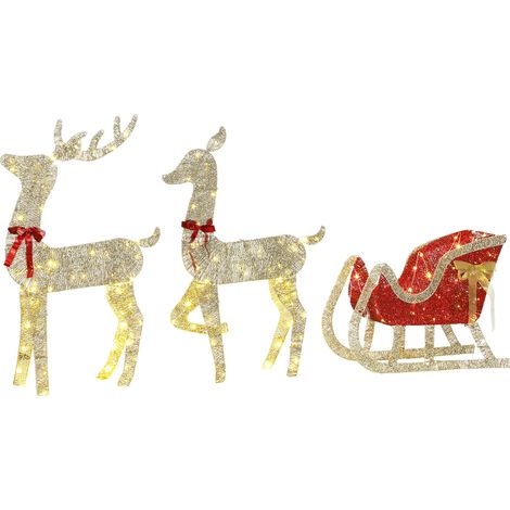 Décoration de Noël extérieure en 3 parties : rennes avec traîneau 3D, 200 lumières LED blanc chaud, 8 modes et minuterie (1/5)