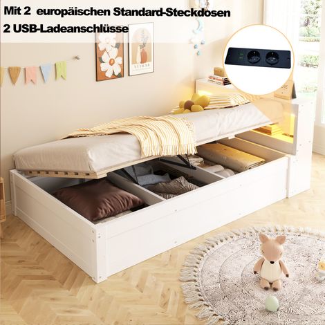 Canapé convertible 90×200 cm, avec prise Euro intégrée et nombreux rangements, lumières LED multicolores, mécanisme hydraulique, lit en bois massif multifonction, blanc. (1/5)