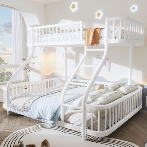 Modernluxe - Lit superposé 90x200 cm + 140x200 cm - Structure en fer - Avec barrières de sécurité - Avec échelle - Blanc (sans matelas) (1/5)
