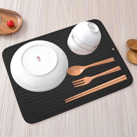 Tapis egouttoir vaisselle silicone - 1 pièce, 40x30cm - Noir - Convient pour cuisine, bar Étiquette (1/5)
