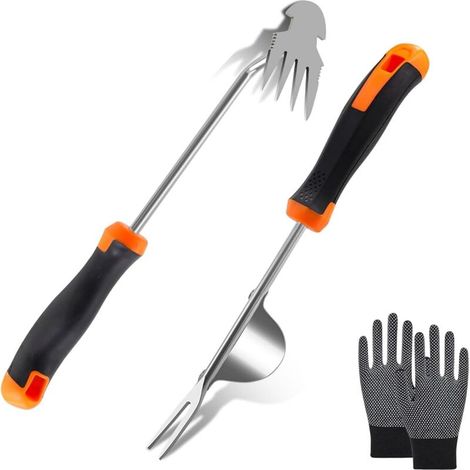 2 Désherbeur Acier Inoxydable, Tête 4 Dents, Poignée Caoutchouc, Gants Inclus, Jardin Terrasse