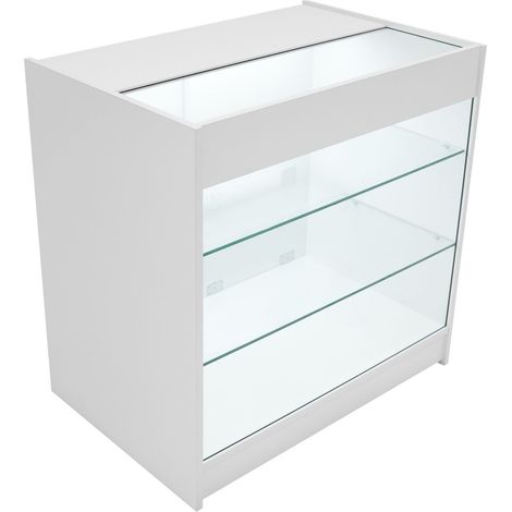 Mostrador Comercial con Luz LED K900  MDF Color Blanco y Vidrio Templado  90x60x90cm  3 estantes  Puertas con cerradura  Ideal para tiendas y comercios  Fácil Montaje  Mostrador Recepción Expositor