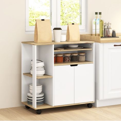 Mueble de cocina con ruedas y espacio de almacenaje, 80 x 40 x 82 cm, blanco y madera natural HAVRYA (1/5)