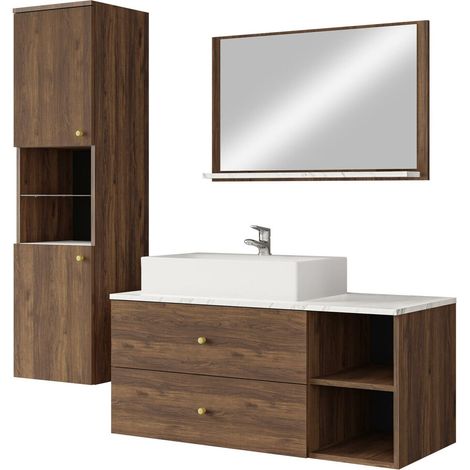 Conjunto de mueble de baño Salus II, Nogal + Mármol blanco (1/5)