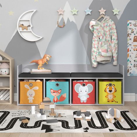 Estante infantil Luigi, Blanco, 142.4 x 53.4 cm 4 compartimentos, con cajas plegables de color, Vicco