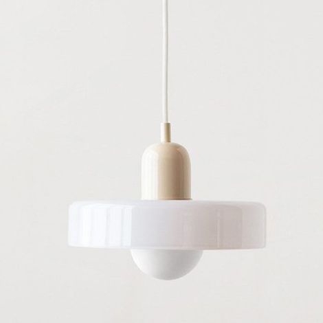 Un lustre de style Bauhaus avec un design médiéval et une teinte vitrée, verre blanc de 25cm avec une base de couleur crème. (1/5)