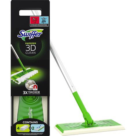 Scopa e lavapavimenti Swiffer 3D – 1 manico, 4 panni cattura polvere ultra spessi, 2 panni lavapavimenti – Testina snodabile 360° per angoli difficili (1/4)