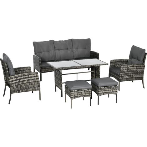 Outsunny 5 Seater Rattan Garden Furniture Set, 6 Piece Garden Sofa Set, Armchairs, 3-Seater Sofa, Footstools, Glass Dining Table, Cushions, Wicker Outdoor Furniture for Conservatory Patio, Mixed Grey (1/5)