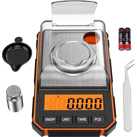 Präzisionswaage 0,001 g, Taschenpräzisionswaage mit 50-g-Kalibriergewicht, Küchenwaage mit Tarafunktion und hintergrundbeleuchtetem LCD-Display für Lebensmittel, Pulver usw. – Orange (1/5)