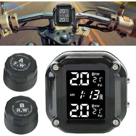 Sistema inalámbrico Leepee con 2 sensores externos y pantalla LCD para motocicletas, sistema de monitoreo de presión de neumáticos (TPMS), alarma y control de temperatura de los neumáticos. (1/5)