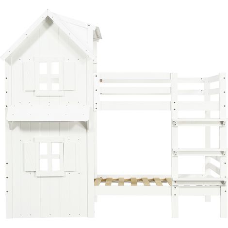 Letto a castello per bambini 90x200 cm con tetto, finestre, sponde e scala a 3 gradini bianco (1/5)