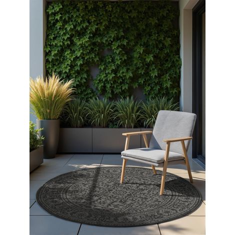 Tapis d'intérieur et d'extérieur Rond Classique réversible à Tissage Plat, résistant aux intempéries et aux UV, pour Balcon, terrasse, Jardin, Noir et Blanc (1/5)