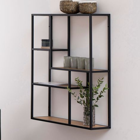 Etagère design 75x20x91 cm décor chêne et métal noir - FYNCA (1/5)