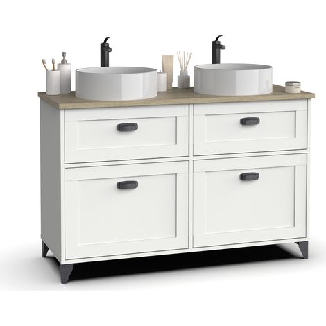 Pegane – Meuble de salle de bain blanc et chêne cambrian – 2 vasques – Longueur 120 cm x Profondeur 47 cm x Hauteur 80 cm – Panneaux mélamine haute densité (1/5)