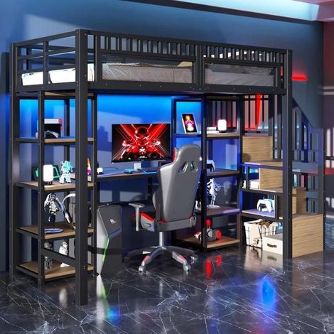 Lit mezzanine - KOMHTOM - 90x200 - fer & MDF - avec bureau intégré - LED et ports USB (1/5)
