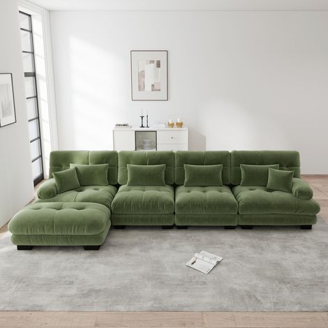 Divano angolare modulare 406x145x81 cm in ciniglia verde con pouf mobili - MEUBLIV (1/5)