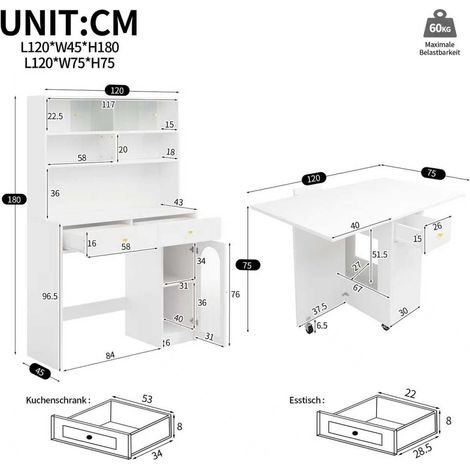 Ensemble de meubles de cuisine blanc avec armoire haute, table pliante et bar sur roulettes, dimensions 133,6 x 54,5 x 12,6 cm HOMAIRE (1/5)