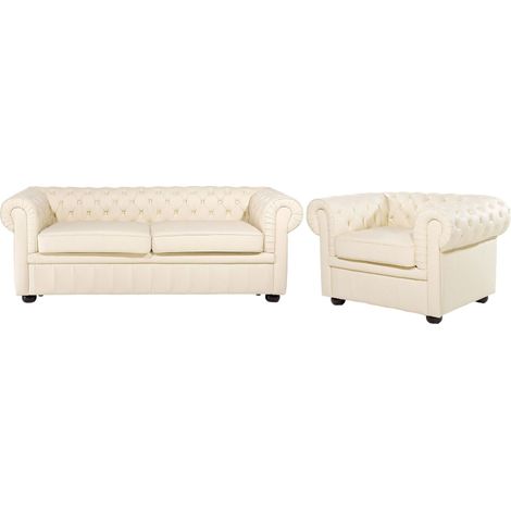 Set Soggiorno Chesterfield in Pelle Color Crema Divano a 3 posti + Poltrona Chesterfield